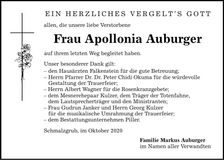 Traueranzeige Apollonia Auburger