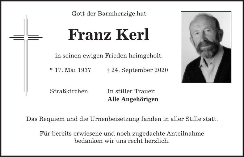Traueranzeige Franz Kerl