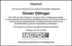 Traueranzeige Günter Dillinger