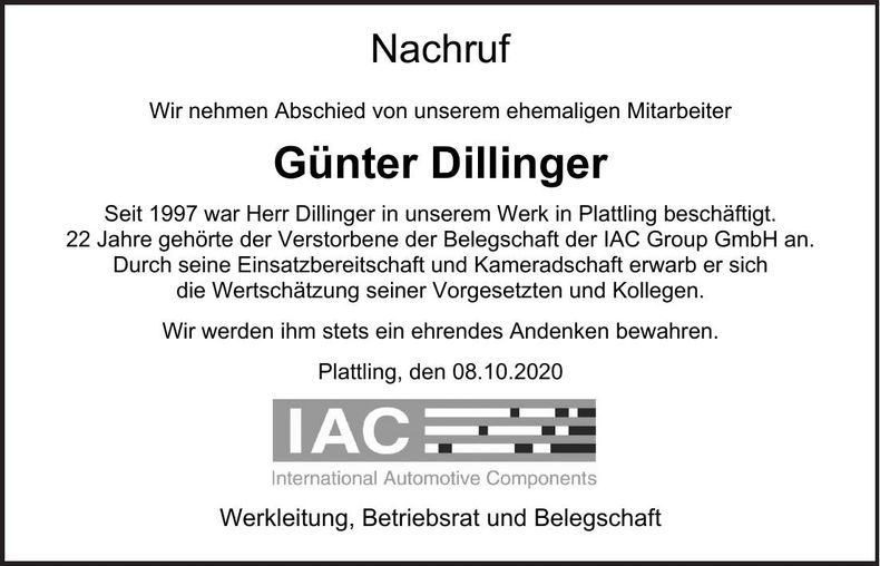 Traueranzeige Günter Dillinger