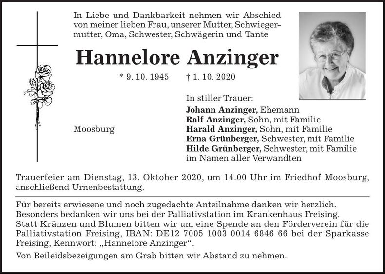 Traueranzeige Hannelore Anzinger