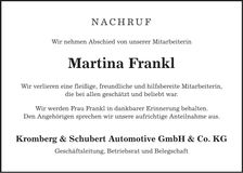 Traueranzeige Martina Frankl