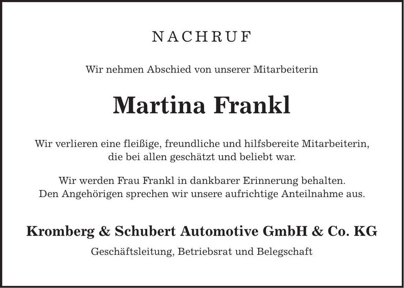 Traueranzeige Martina Frankl