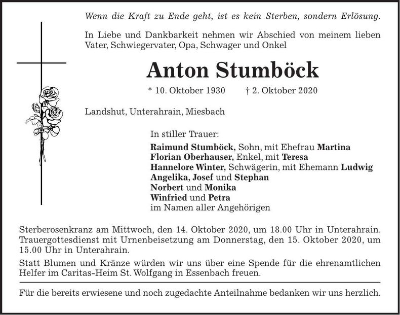 Traueranzeige Anton Stumböck