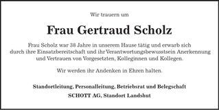 Traueranzeige Gertraud Scholz