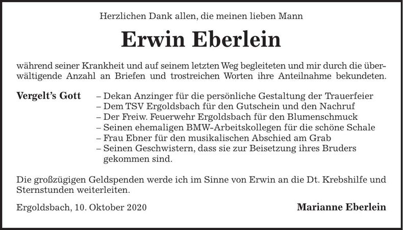 Traueranzeige Erwin Eberlein