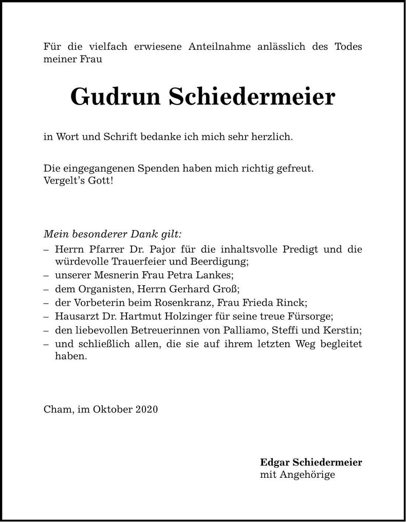 Traueranzeige Gudrun Schiedermeier