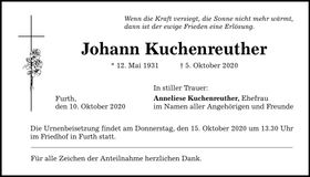 Traueranzeige Johann Kuchenreuther