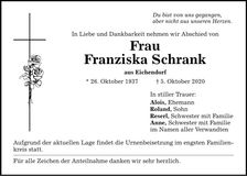 Traueranzeige Franziska Schrank