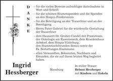 Traueranzeige Ingrid Hessberger