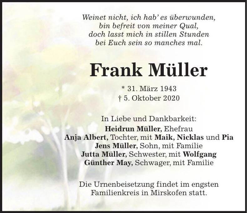 Traueranzeige Frank Müller