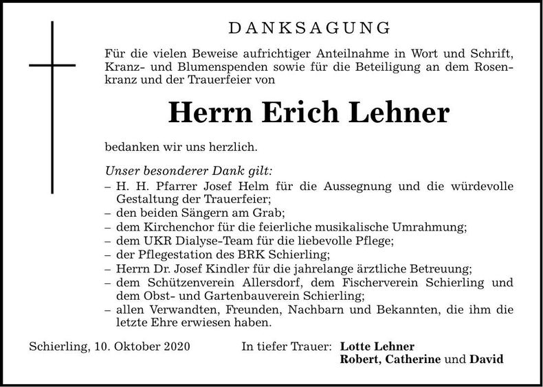 Traueranzeige Erich Lehner