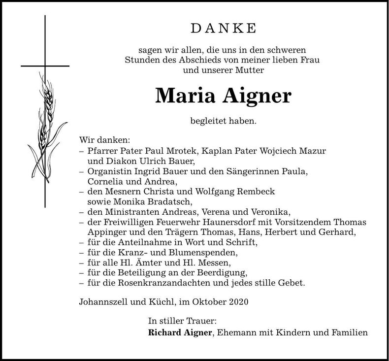 Traueranzeige Maria Aigner
