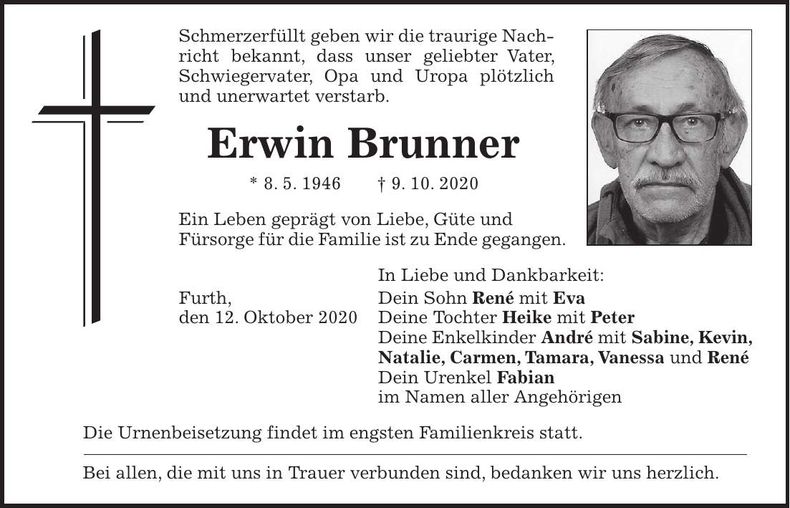 Traueranzeige Erwin Brunner