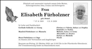 Traueranzeige Elisabeth Fürholzner