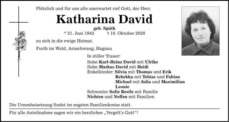 Traueranzeige Katharina David