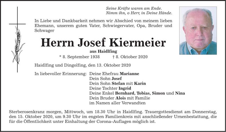 Traueranzeige Josef Kiermeier