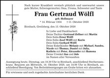 Traueranzeige Gertraud Wölfl