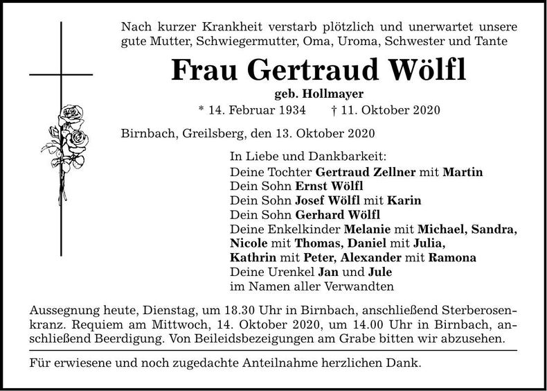 Traueranzeige Gertraud Wölfl