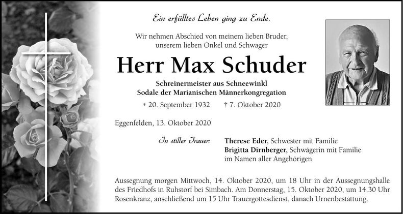 Traueranzeige Max Schuder