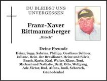 Traueranzeige Franz-Xaver Rittmanssberger