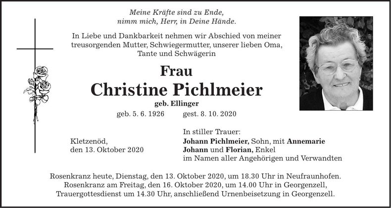 Traueranzeige Christine Pichlmeier