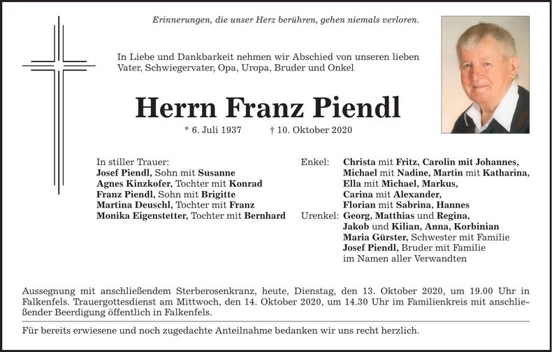Traueranzeige Piendl Franz