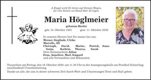 Traueranzeige Maria Höglmeier