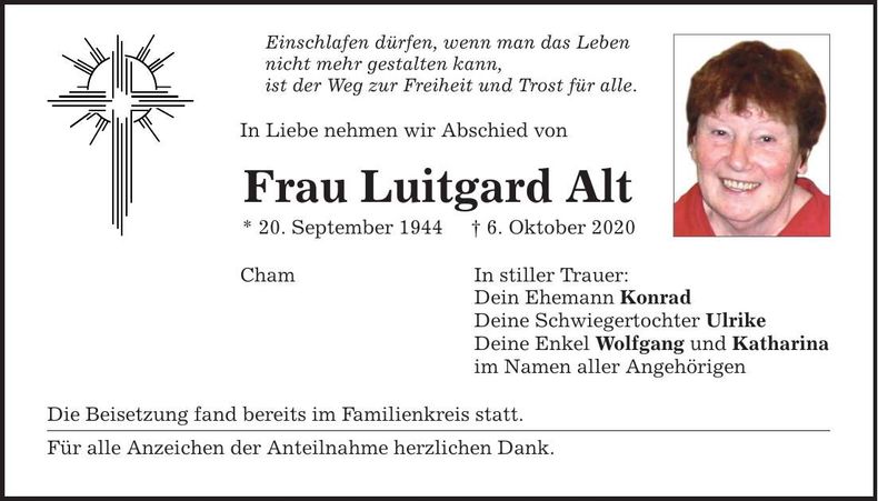 Traueranzeige Luitgard Alt