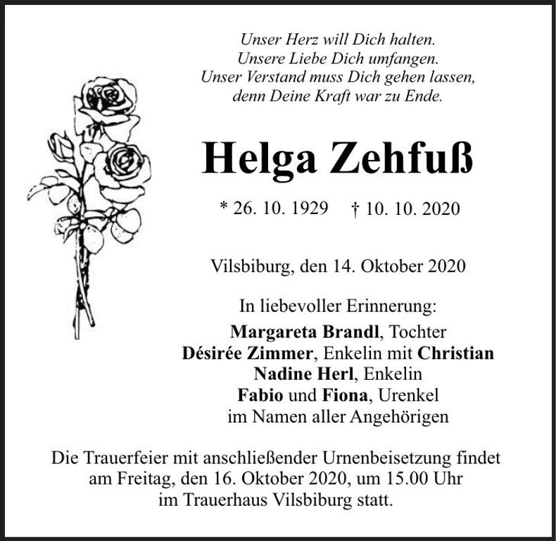 Traueranzeige Helga Zehfuß