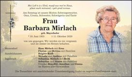 Traueranzeige Barbara Mirlach