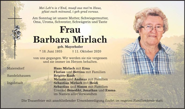 Traueranzeige Barbara Mirlach