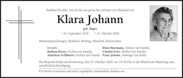 Traueranzeige Klara Johann