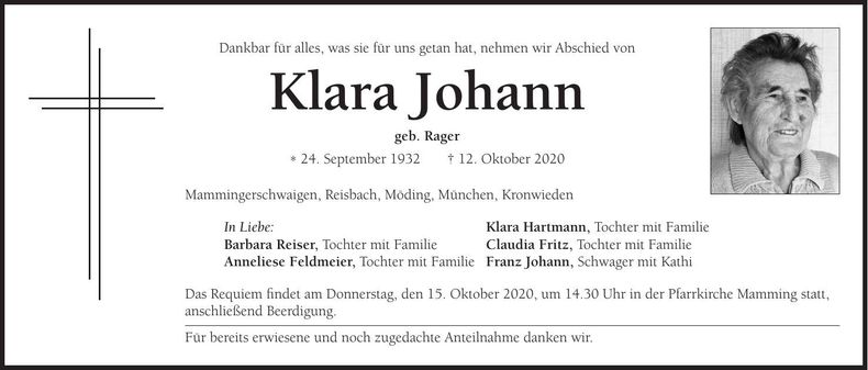 Traueranzeige Klara Johann