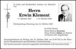 Traueranzeige Erwin Klement