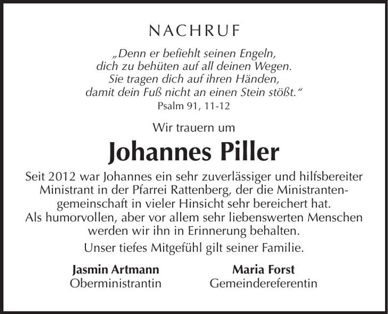 Traueranzeige Johannes Piller