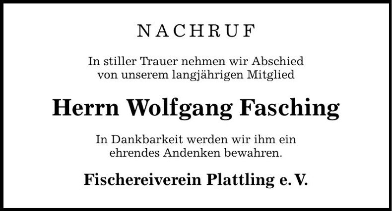 Traueranzeige Wolfgang Fasching