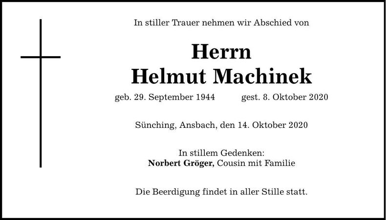 Traueranzeige Helmut Machinek