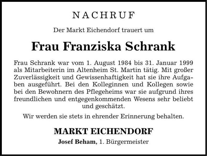Traueranzeige Franziska Schrank