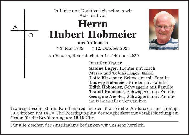 Traueranzeige Hubert Hobmeier