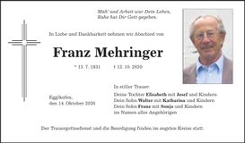 Traueranzeige Franz Mehringer