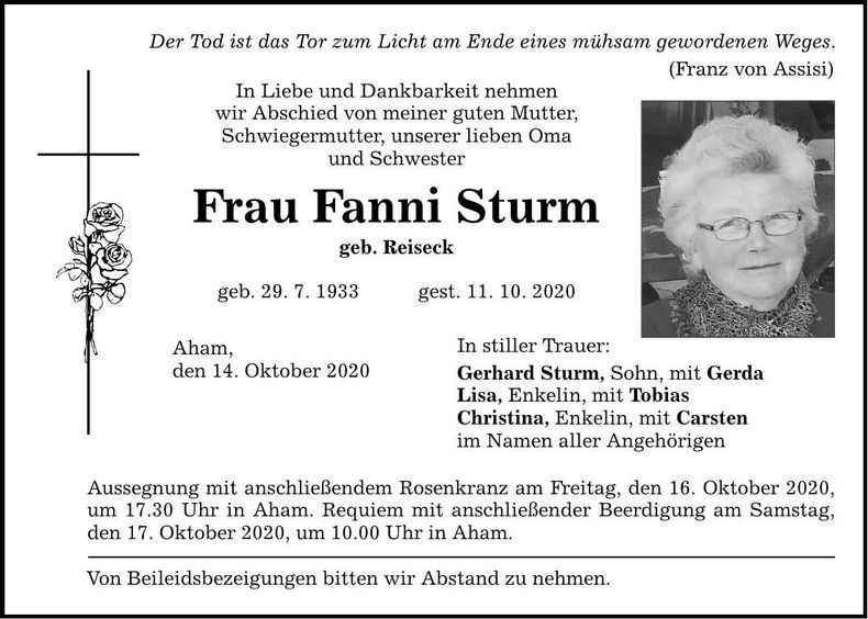 Traueranzeige Fanni Sturm