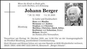 Traueranzeige Johann Berger