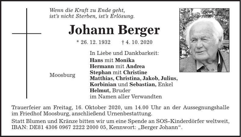 Traueranzeige Johann Berger