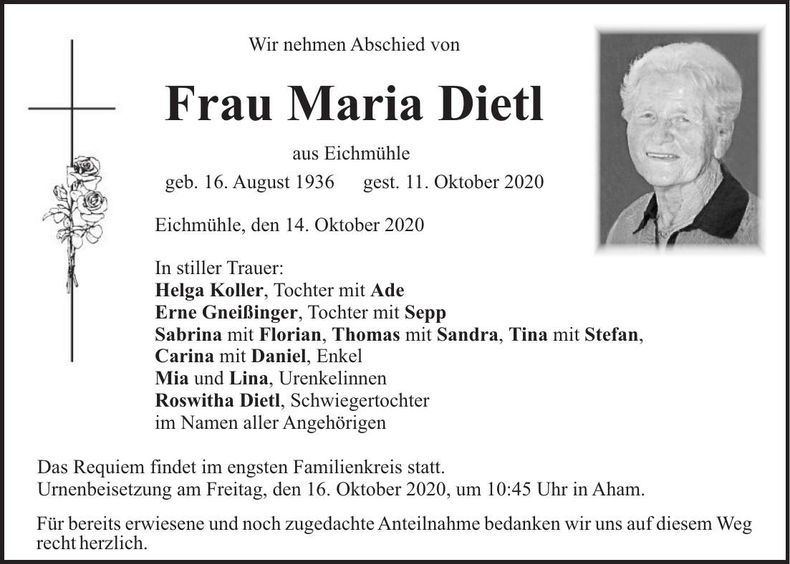 Traueranzeige Maria Dietl
