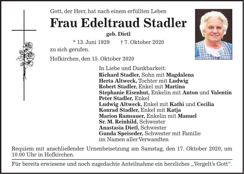 Traueranzeige Edeltraud Stadler