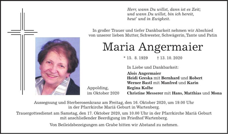 Traueranzeige Maria Angermaier