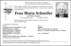 Traueranzeige Maria Schneller