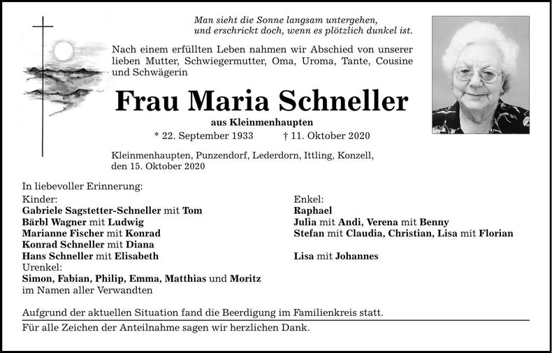 Traueranzeige Maria Schneller