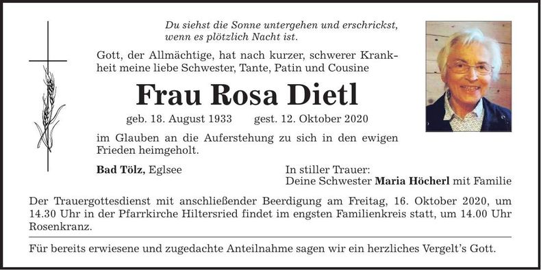 Traueranzeige Rosa Dietl